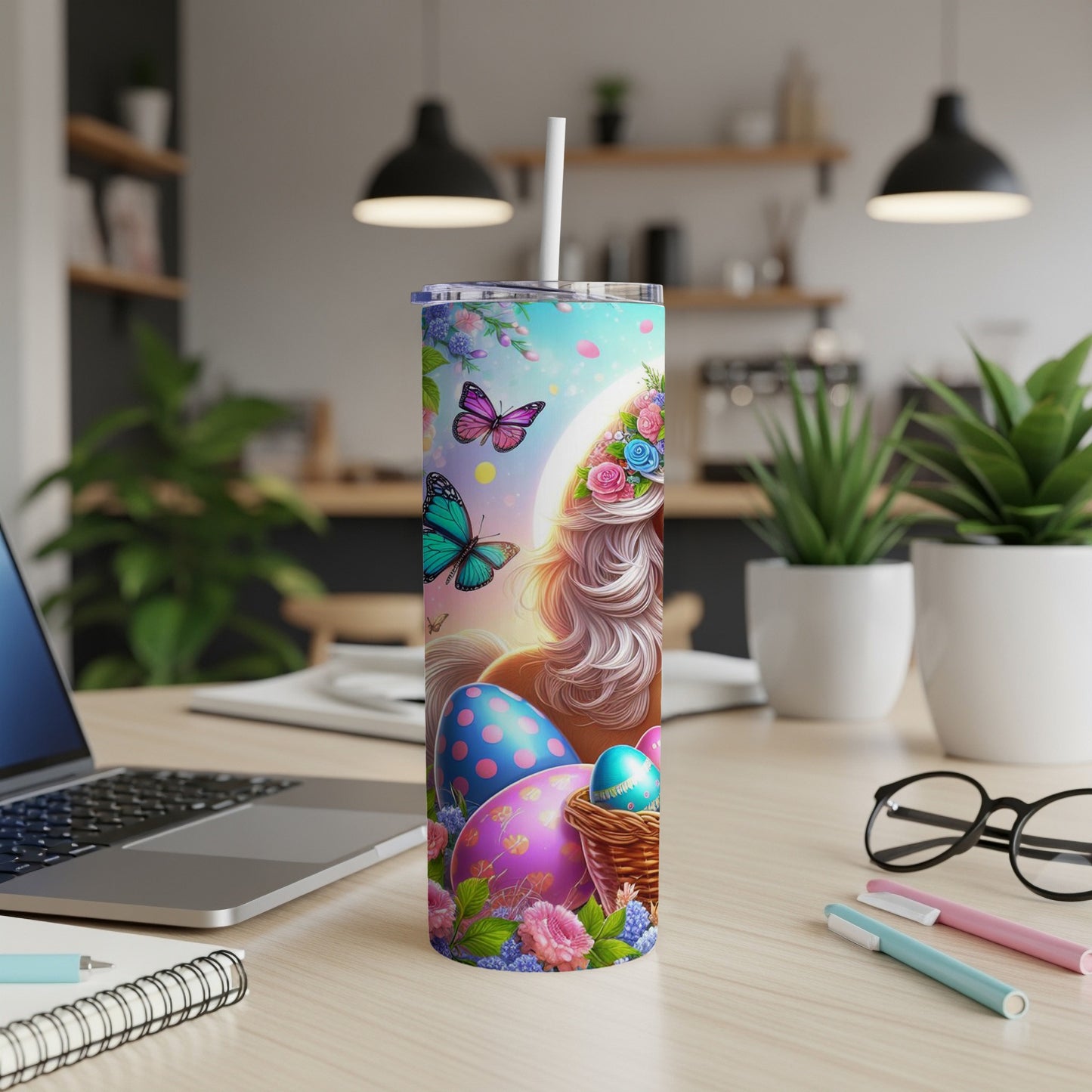 Easter gnome with colorful eggs, butterflies, and flowers on a tumbler.