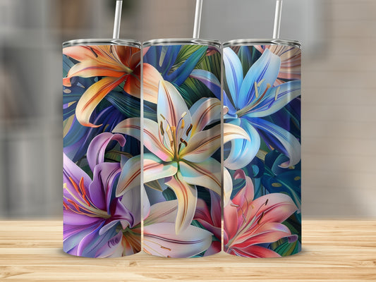 Three tumblers with vibrant lily and tropical leaf designs.