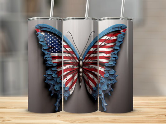 Butterfly tumbler with American flag wings on gray background.