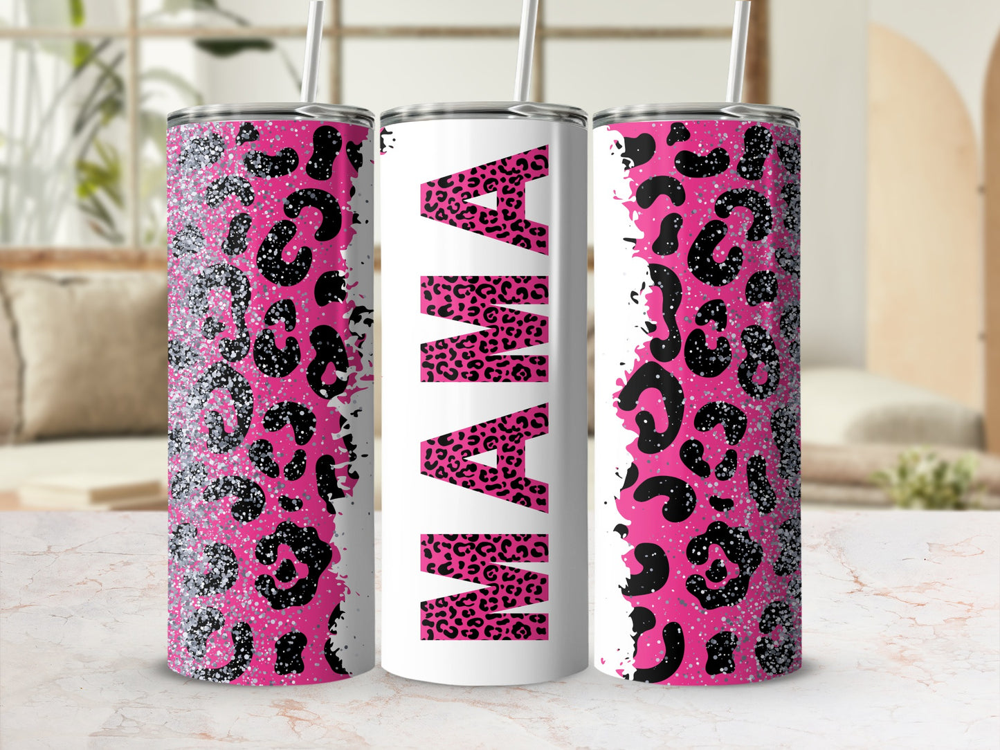 Pink Leopard Print MAMA Tumbler with Glitter Effects