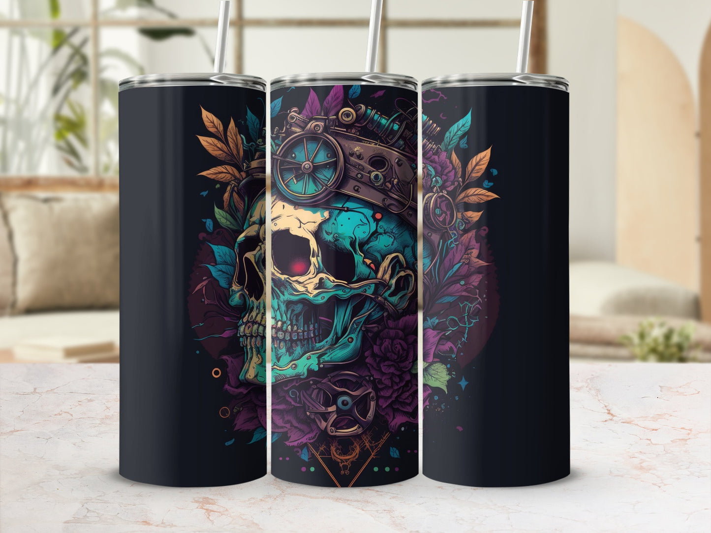 Steampunk Skull Floral Design Insulated Tumbler
