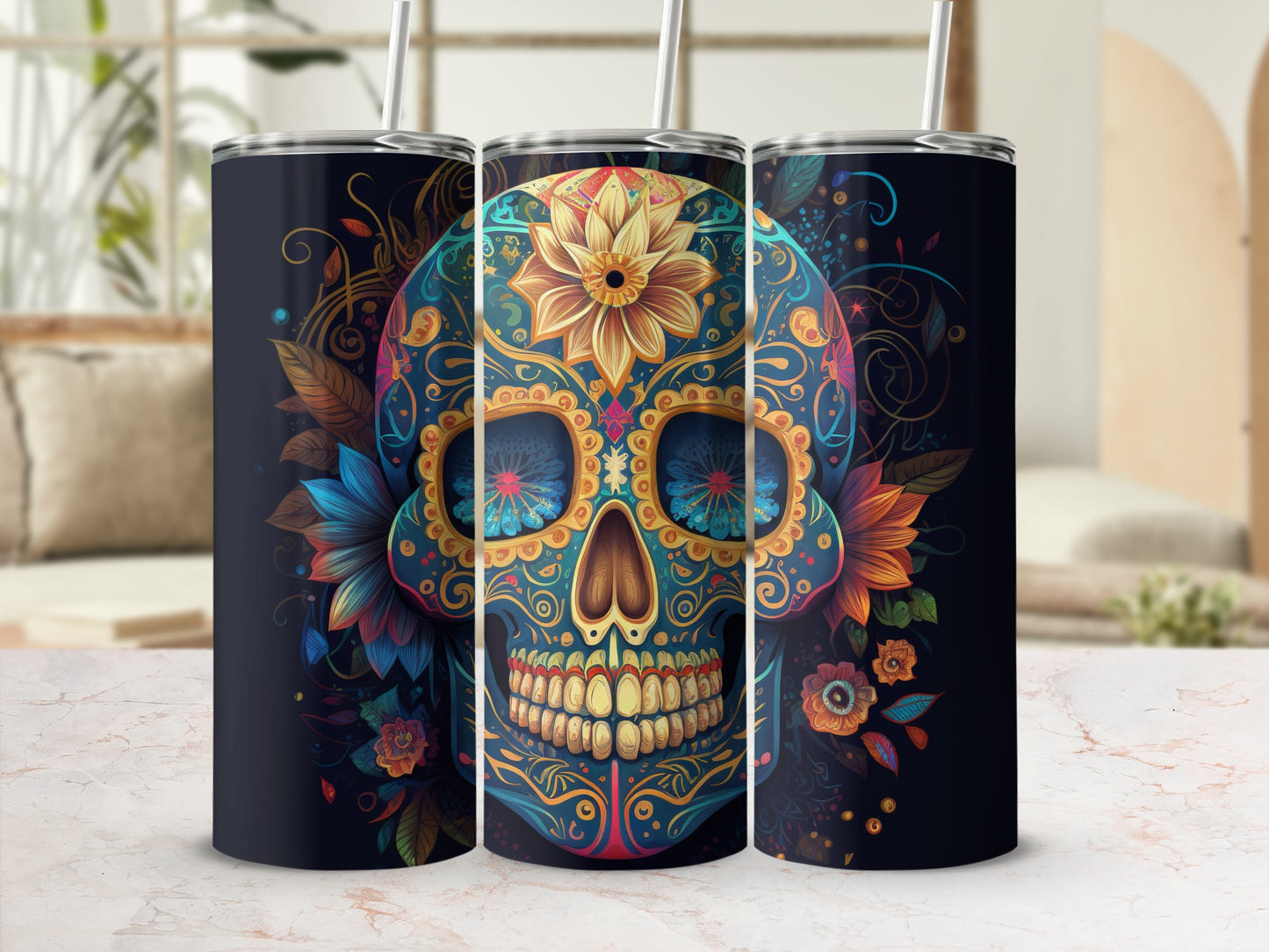 Colorful Floral Sugar Skull Tumbler for Drinks