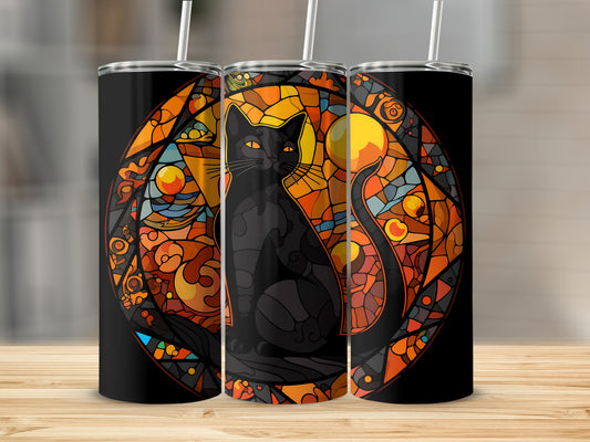 Black cat on a stained glass circular background.