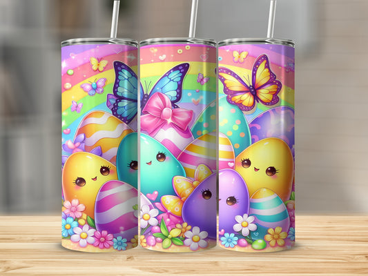 Easter eggs with smiling faces and butterflies on a rainbow background.