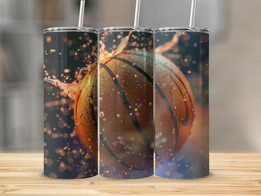 Basketball with water splashes on a tumbler.
