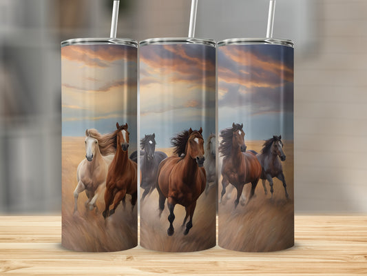 Three tumblers featuring running horses in a field under a cloudy sky.