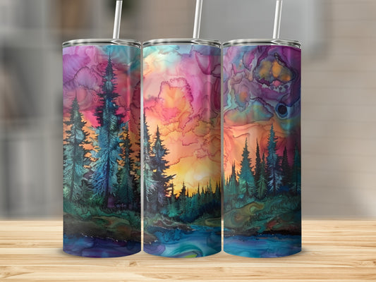 Three tumblers display colorful forest sunset scenes with vibrant watercolor textures.