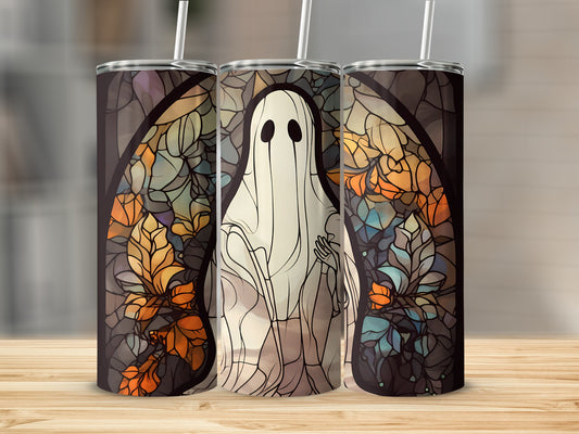 Ghost in stained glass design on three skinny tumblers.