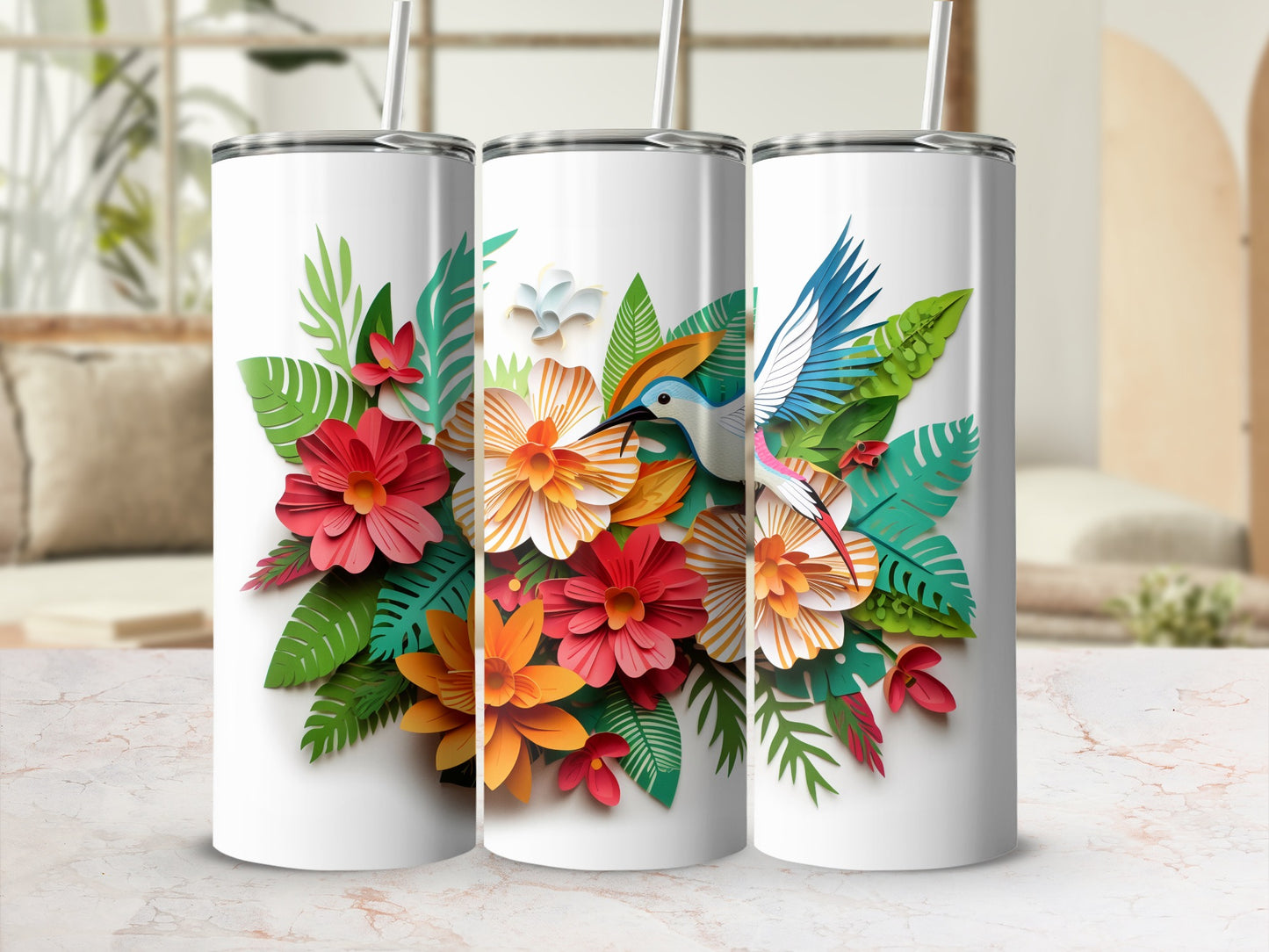 Vibrant Hummingbird and Flowers Design Tumbler