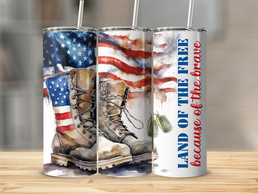 US flag and combat boots with "Land of the Free" text.