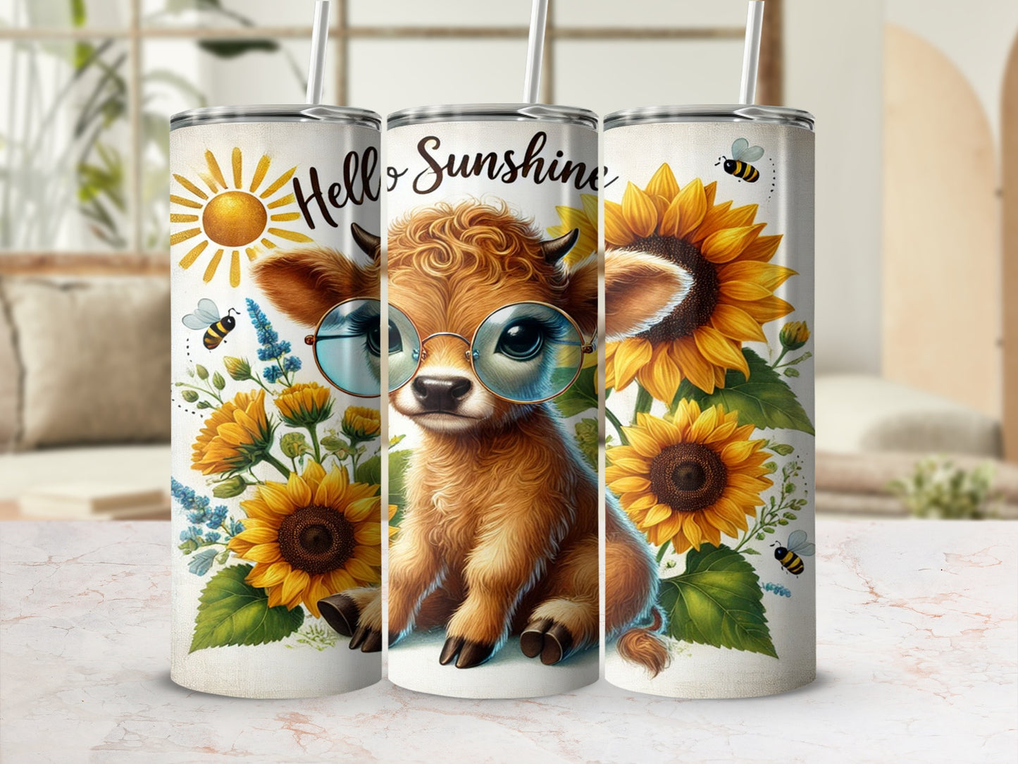 Hello Sunshine Cute Calf Sunflower Tumbler Design
