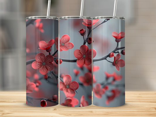 Three tumblers with a red cherry blossom floral design.