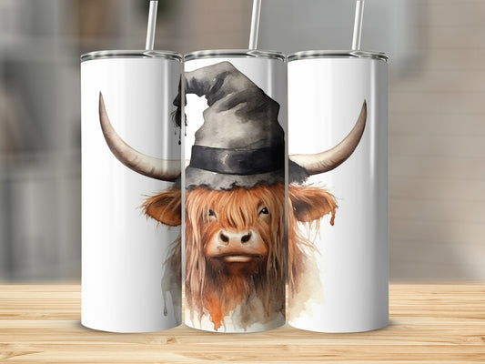 Highland cow wearing a witch hat, watercolor style.
