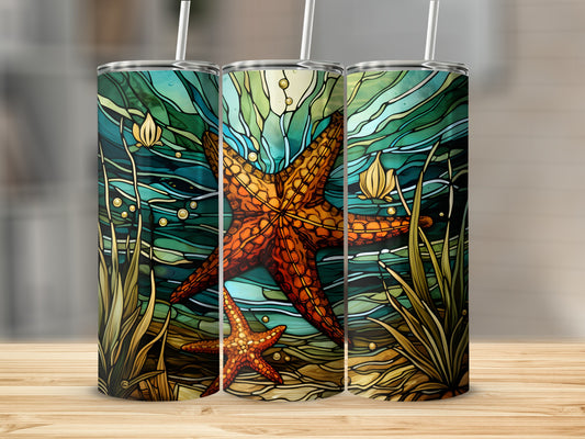 Triptych of tumblers with colorful underwater starfish and seaweed design.