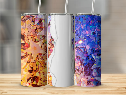 Three tumblers with star confetti designs and torn paper texture.