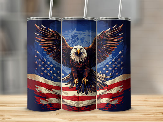 Eagle with wings spread over American flag design on a tumbler.