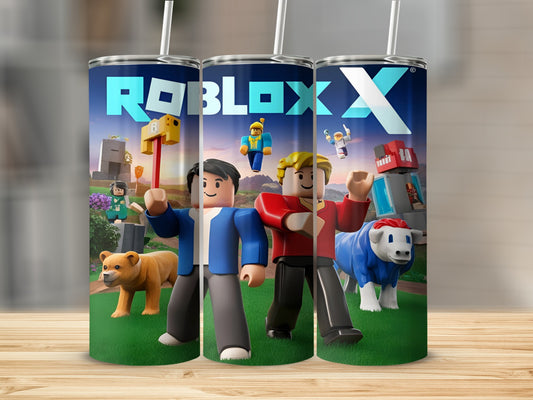 Roblox characters and a cow on a green field with a blue sky.