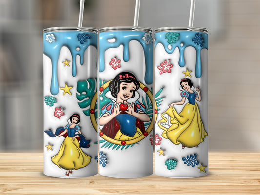 Snow White holding an apple with blue drips and floral accents on a tumbler.