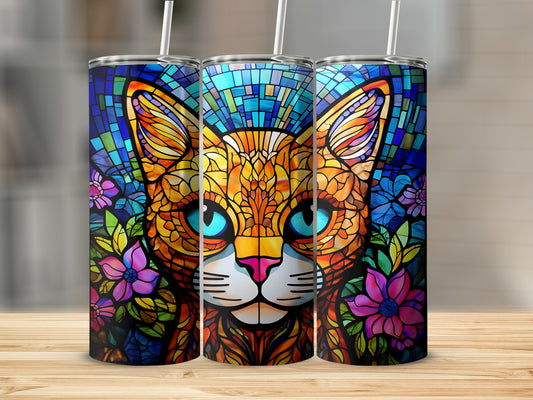 Three stained glass effect cat tumblers with floral accents.