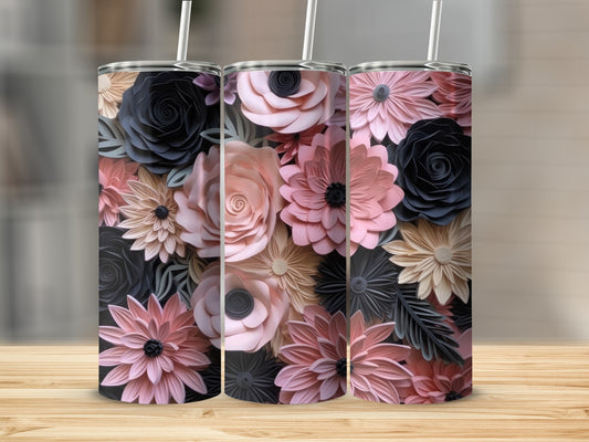 Three tumblers with a floral pattern of pink, black, and tan paper flowers.