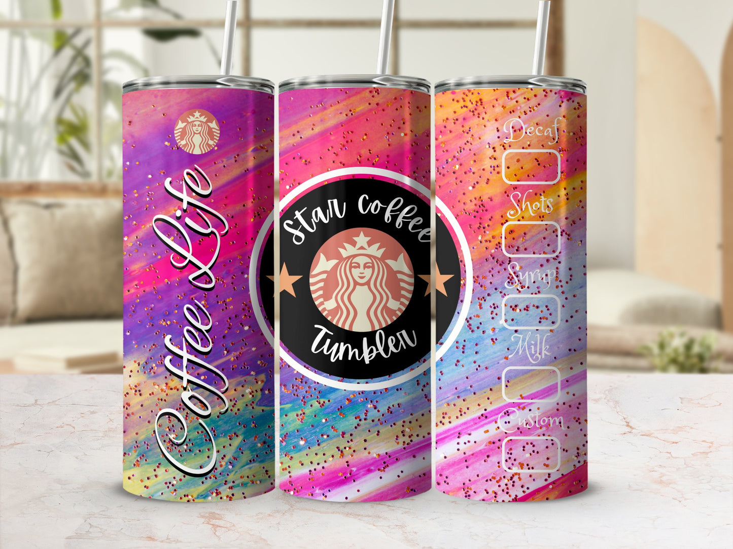 Colorful Glitter Star Coffee Tumbler Customizable Design