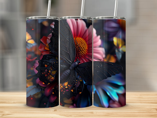 Black butterfly and vibrant flowers on a tumbler.