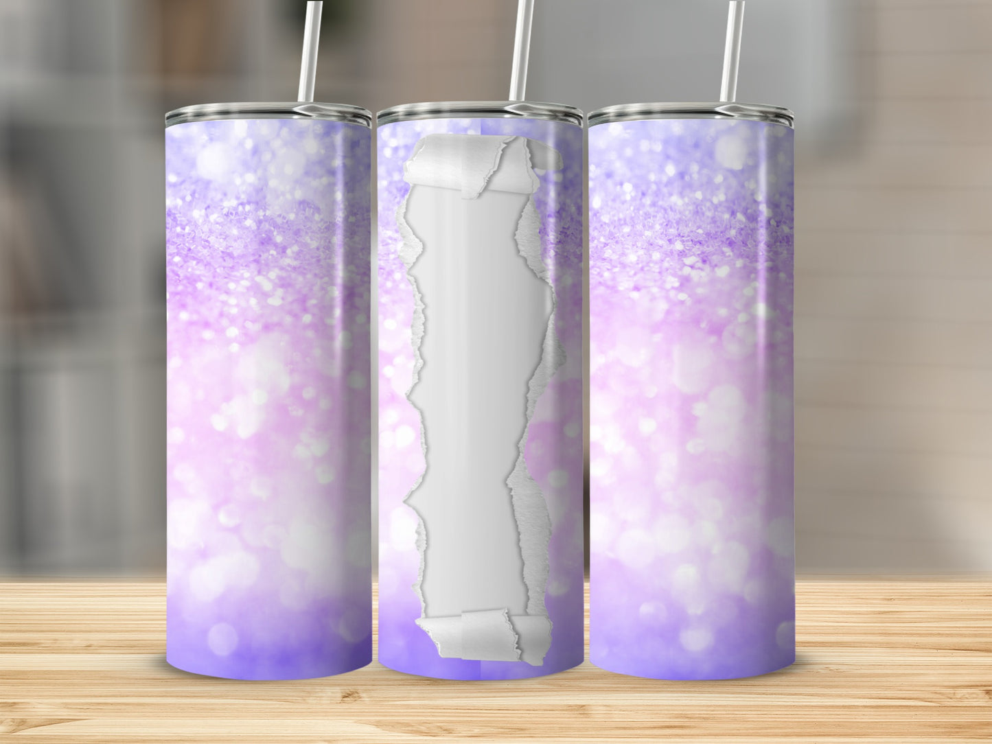 Three purple and white glitter tumblers with ripped paper overlay.