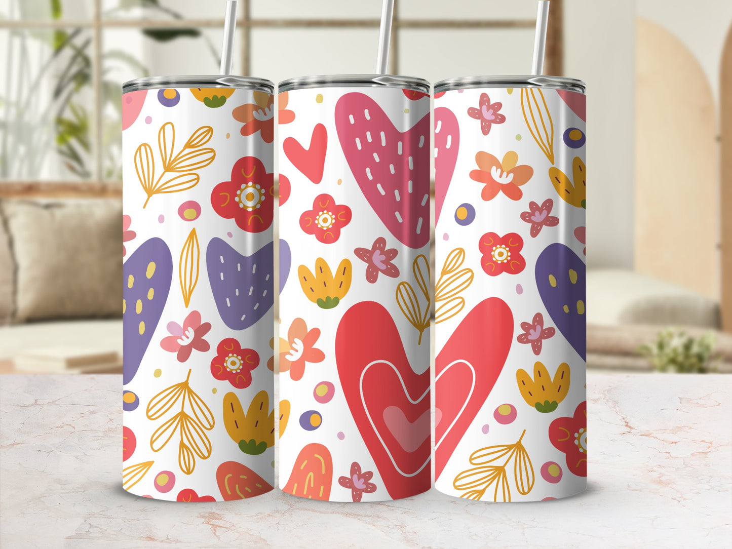 Cute Colorful Hearts and Flowers Pattern Tumbler