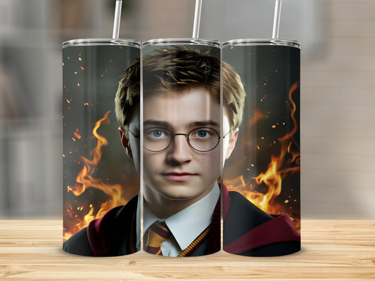 Harry Potter with glasses and Gryffindor scarf, surrounded by flames.