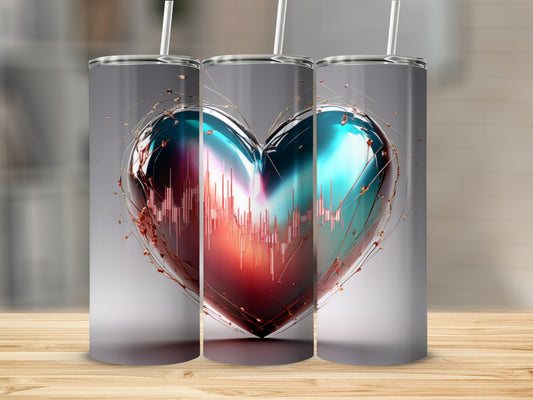 Three tumblers with a metallic heart design and stock market graph.