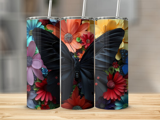 Black butterfly and colorful flowers on three tumblers.