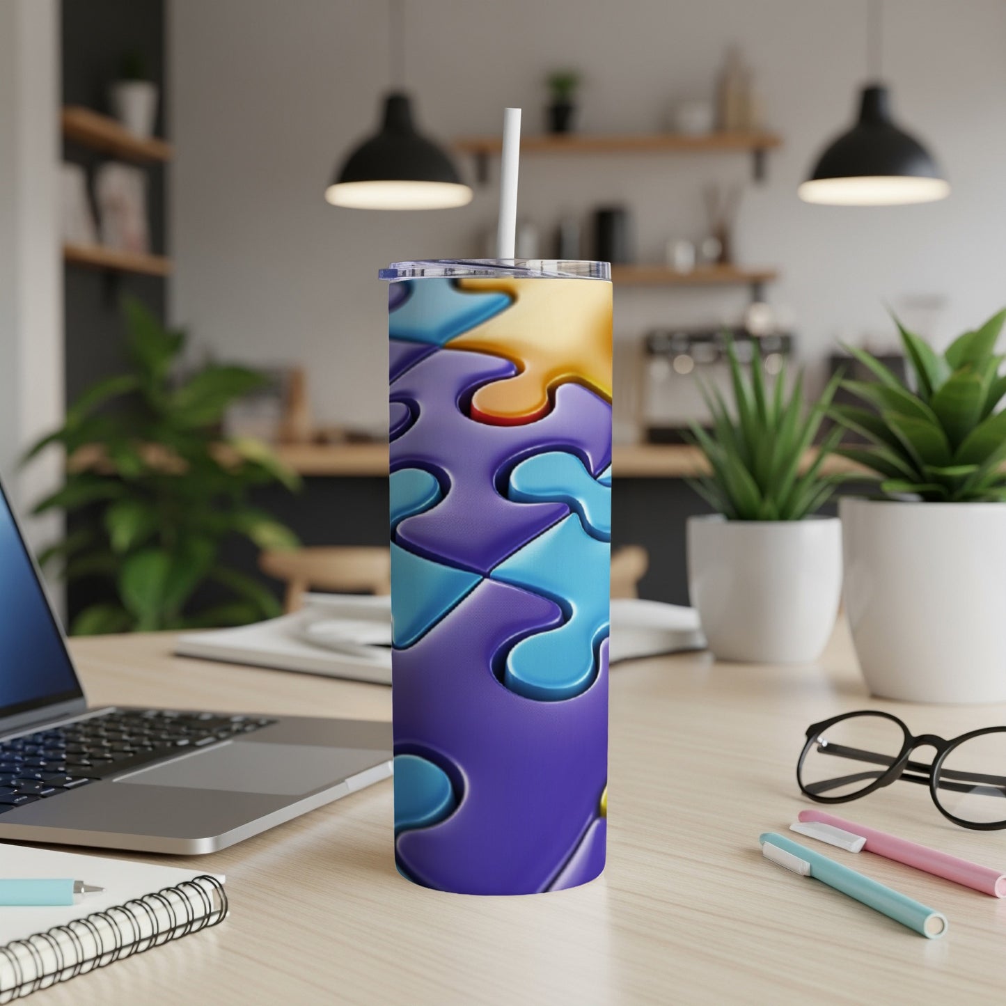Purple and blue puzzle pieces pattern on a skinny tumbler with a white straw.