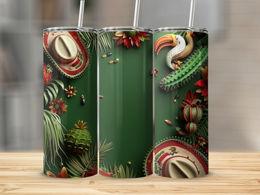 Three green tumblers with tropical plants, cacti, and festive hats.