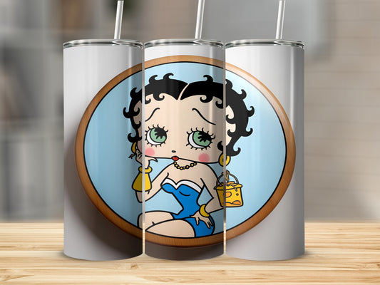 Betty Boop character illustration in a blue bathing suit, holding a yellow purse.