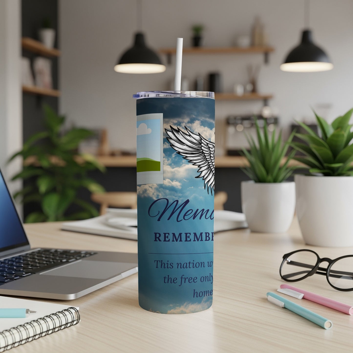 Tumbler with angel wings, clouds, and text "Remember" and "This nation was founded by ..."