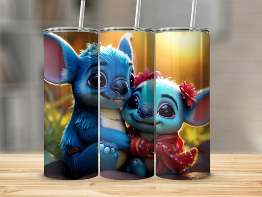 Blue Stitch characters hugging, one wearing a red scarf with flower.