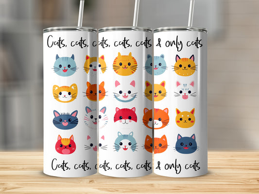 Various cartoon cat faces with text "Cats, cats, cats, cats, cats & only cats".