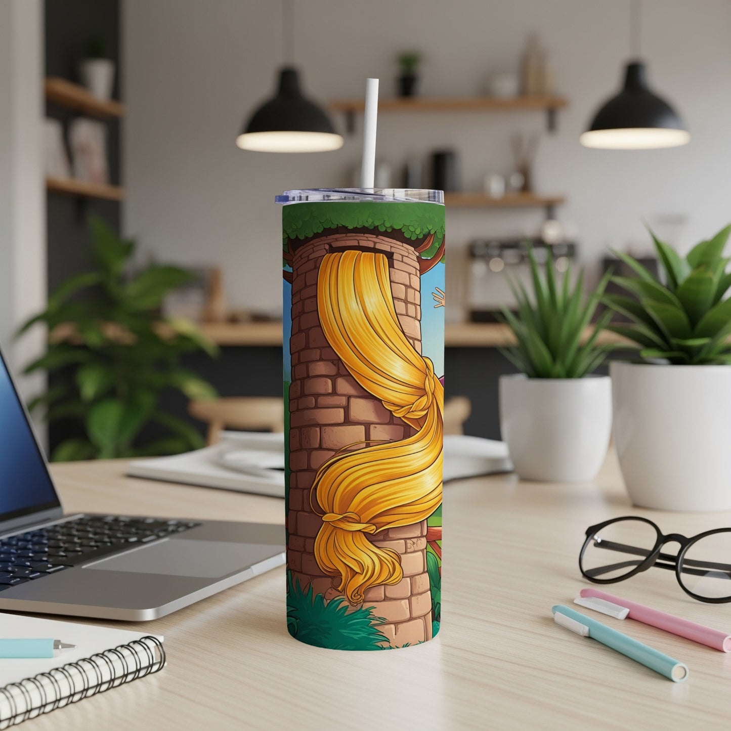 Rapunzel's long blonde hair cascades down a brick tower on a tumbler.