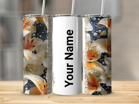 Personalized White Lily Floral Tumbler with Name Option