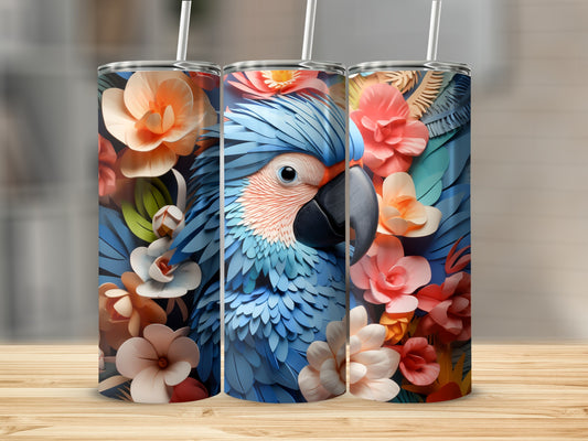 Blue parrot with floral accents on a tumbler.