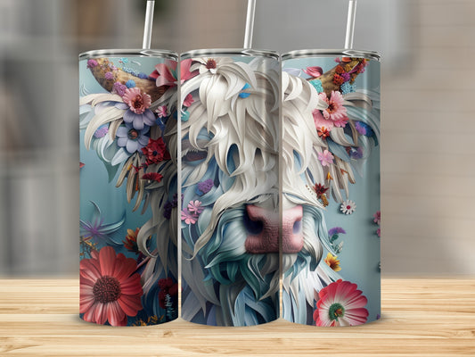 Triptych of a Highland cow with floral mane on teal background.