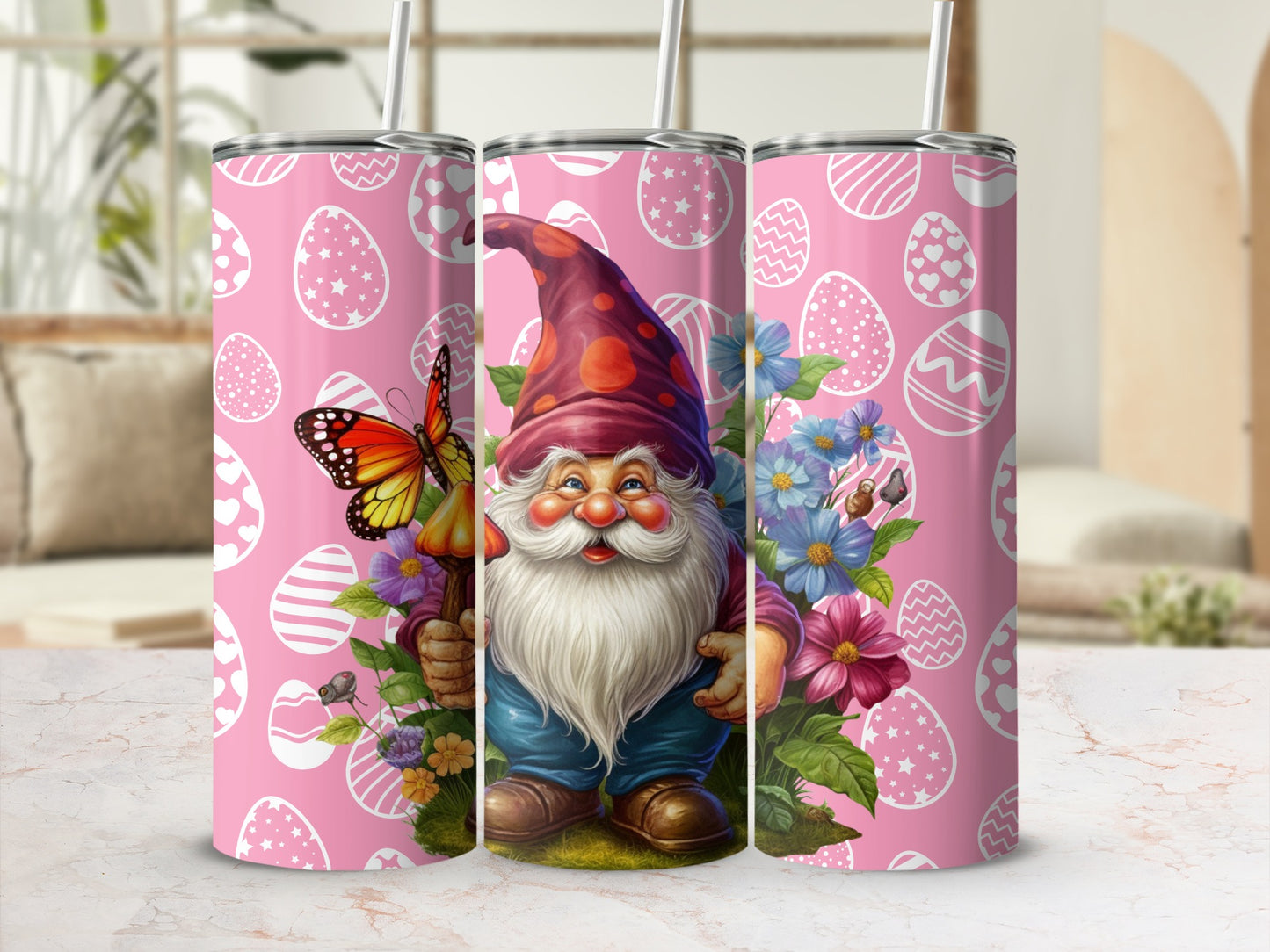 Easter Gnome and Butterfly Design Tumbler Cup