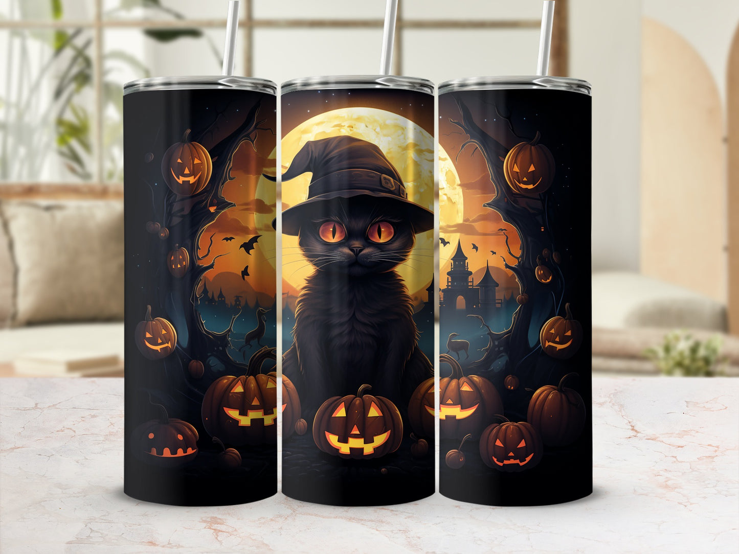 Halloween Black Cat Witch with Pumpkins Tumbler