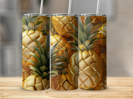 Three tumblers with a gold pineapple design stand on a wooden surface.