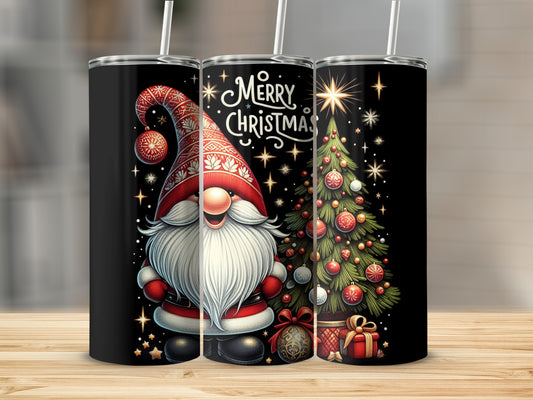 Christmas gnome with tree and gift on black tumbler.