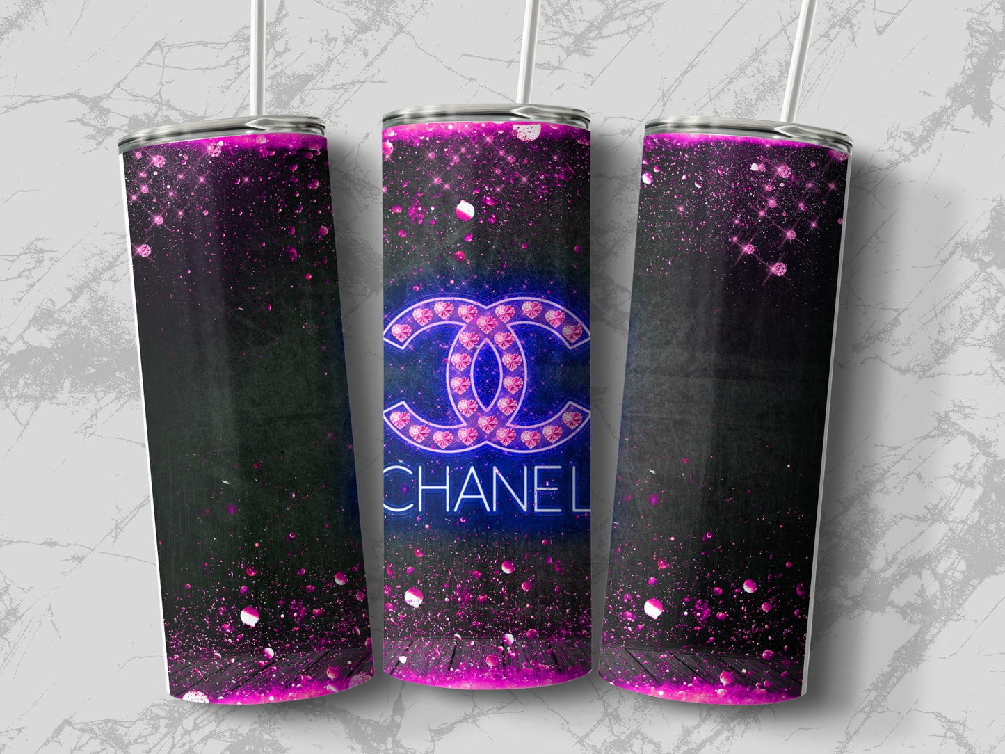 Pink and Purple Neon CC Logo Tumbler Cup Design