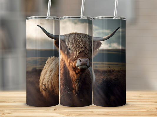Highland cow with long horns on a tumbler, displayed on a wooden surface.