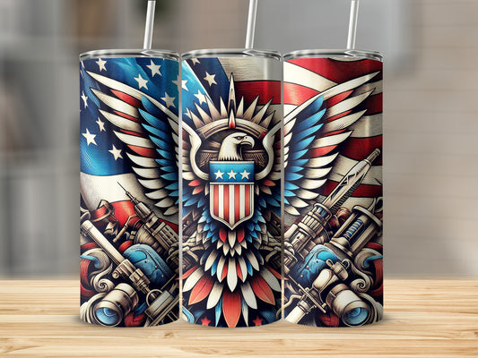 Patriotic tumbler with eagle, American flag, and medical syringe graphic.