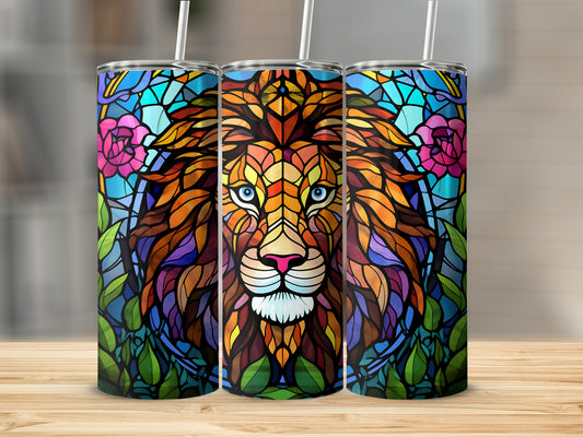 Stained glass lion design on three colorful tumblers with straw.