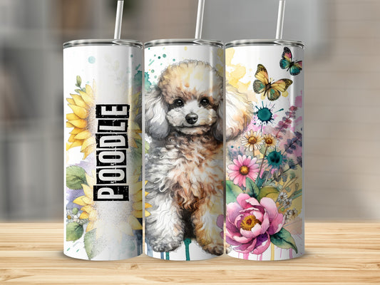 Three tumblers featuring a poodle and floral designs.